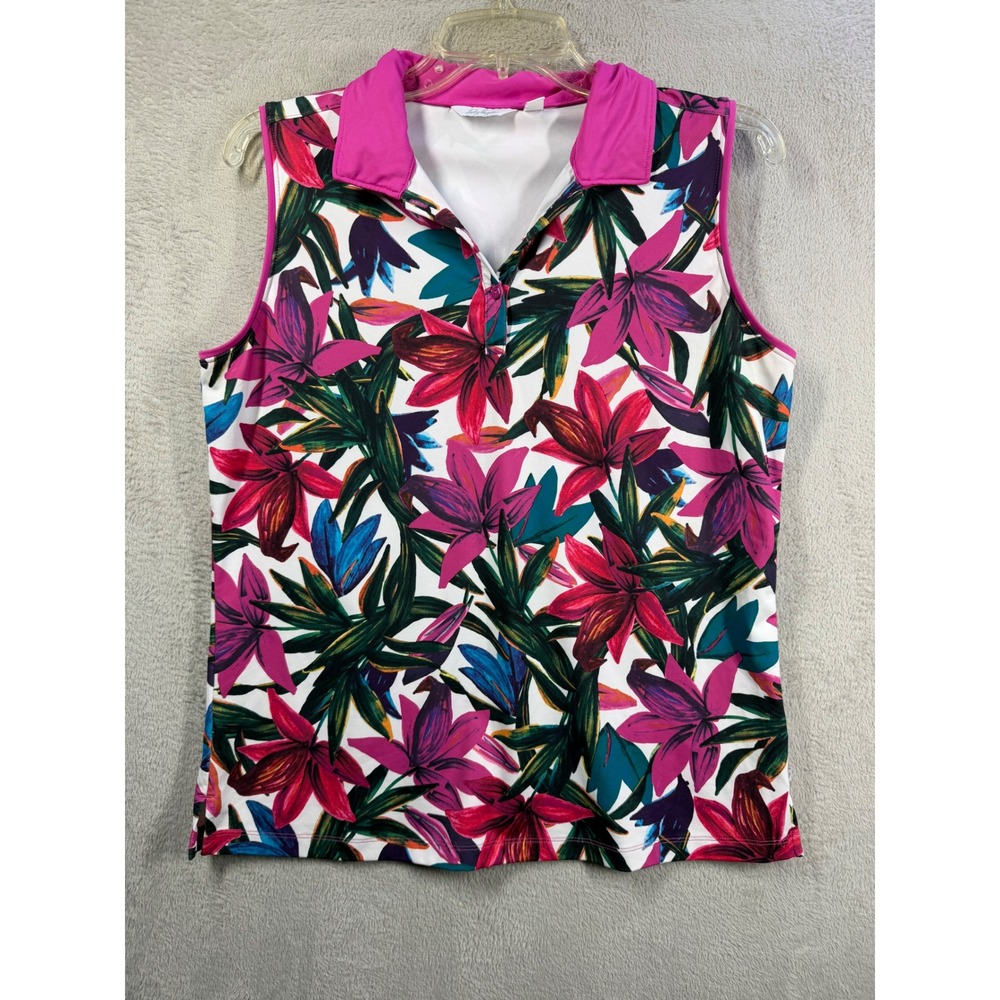 Lady Hagen Polo Shirt Women's M Pink Tropical Floral Sleeveless Golf Top